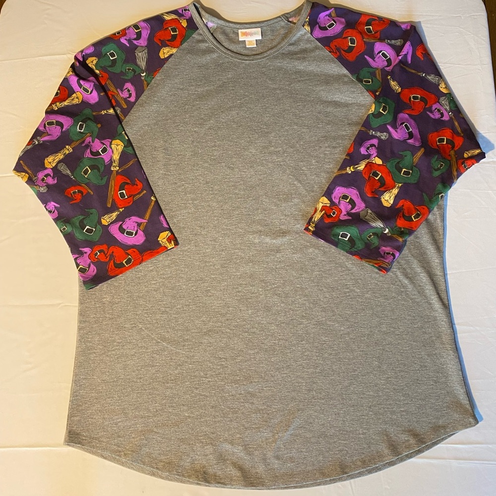 LulaRoe top Halloween theme sleeves. Grey body.